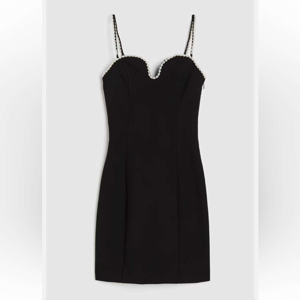 NWT H&M Black Pearl Mini Sweetheart Neckline Sleeveless Bodycon “Revenge” Dress - Picture 1 of 8
